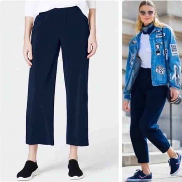 J. Jill Love Linen Women’s Navy 100% Linen Boho Beachy Wide Leg Crop Pants Sz L - Picture 1 of 7